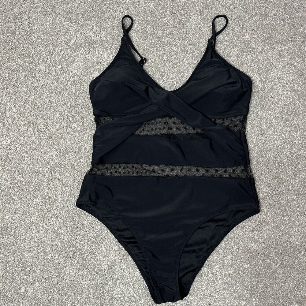 Swim Suit Women XL Black Wrap Around Polka Dot Sheer Burnout One Piece